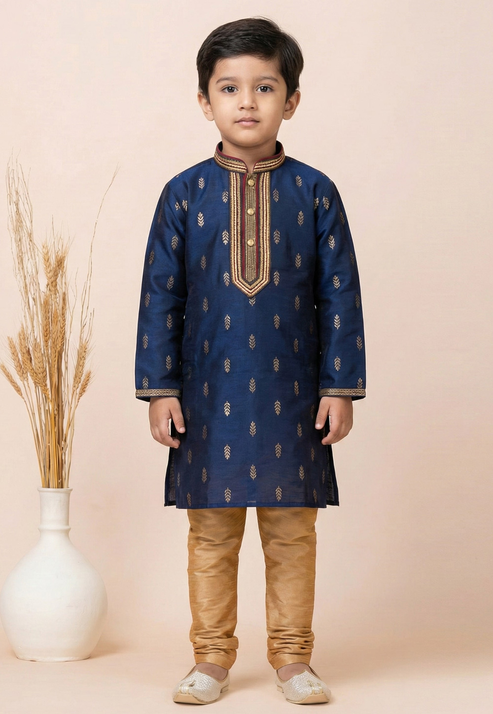Navy Blue Cotton Jacquard Kids Kurta Pajama 322627