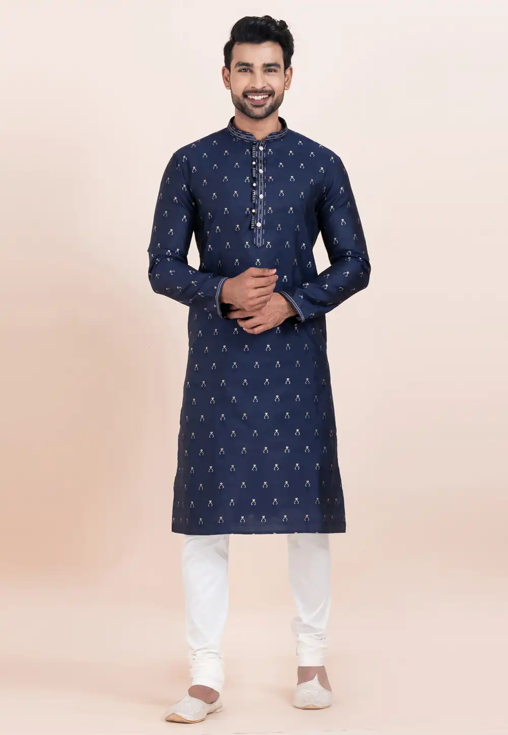 Navy Blue Cotton Jacquard Kurta Pajama 305172