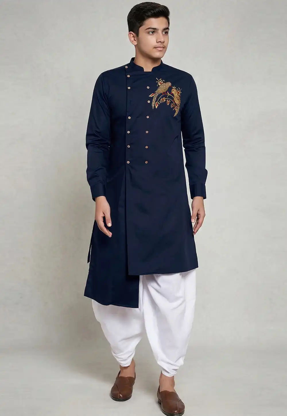 Navy Blue Cotton Kids Dhoti Kurta 329313