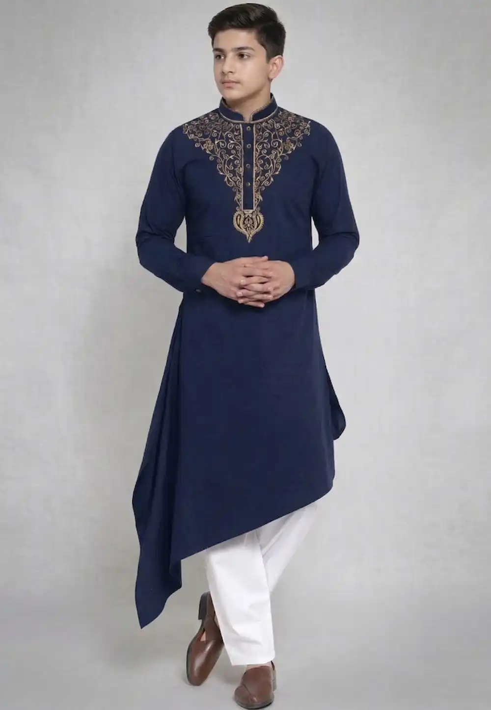 Navy Blue Cotton Kids Kurta Pajama 329316