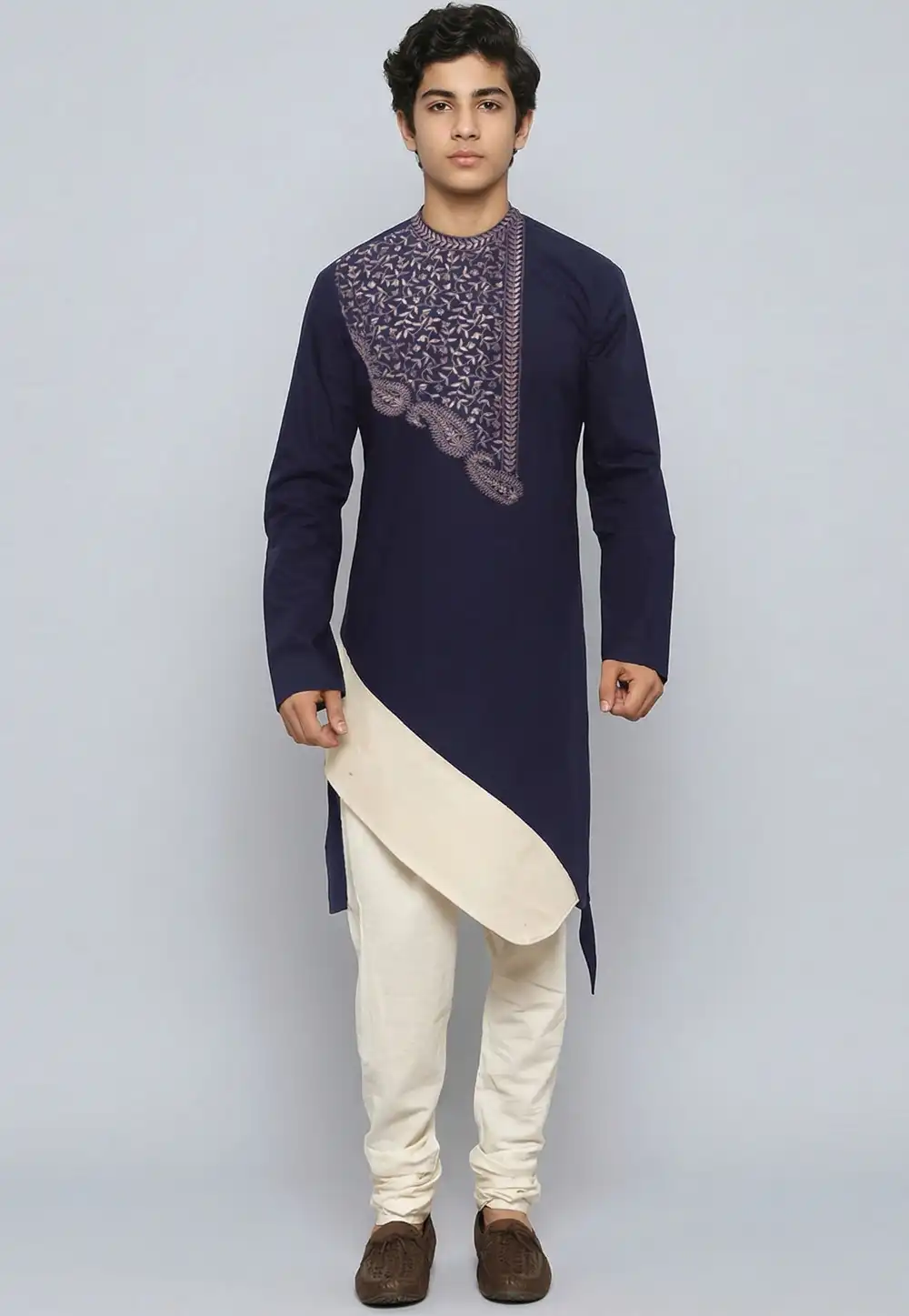 Navy Blue Cotton Kids Kurta Pajama 329306