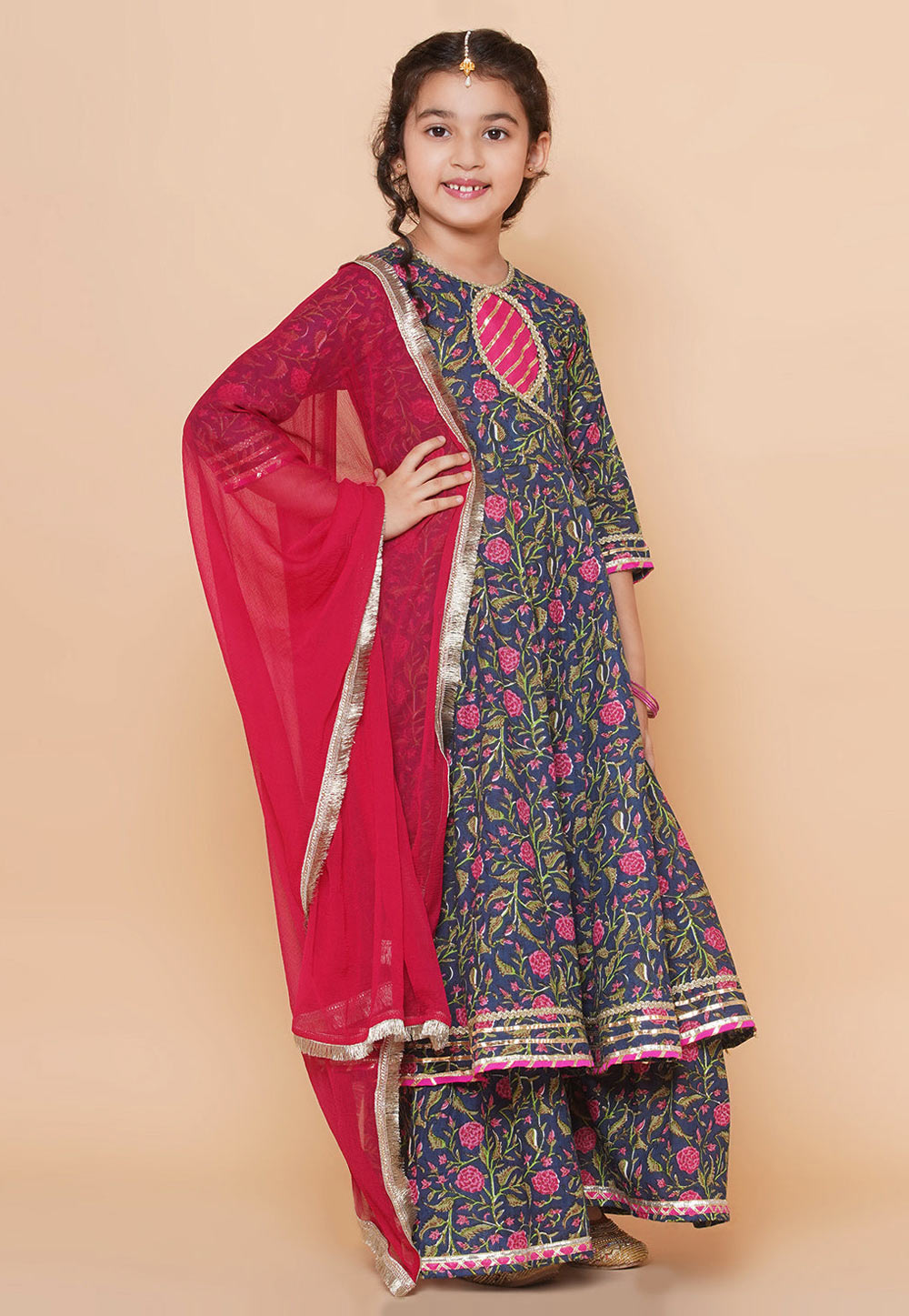 Navy Blue Cotton Kids Sharara Suit 282648