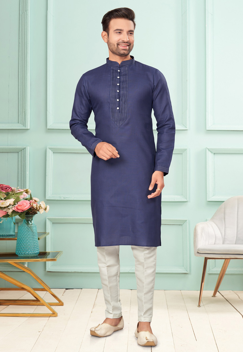 Navy Blue Cotton Kurta Pajama 283877