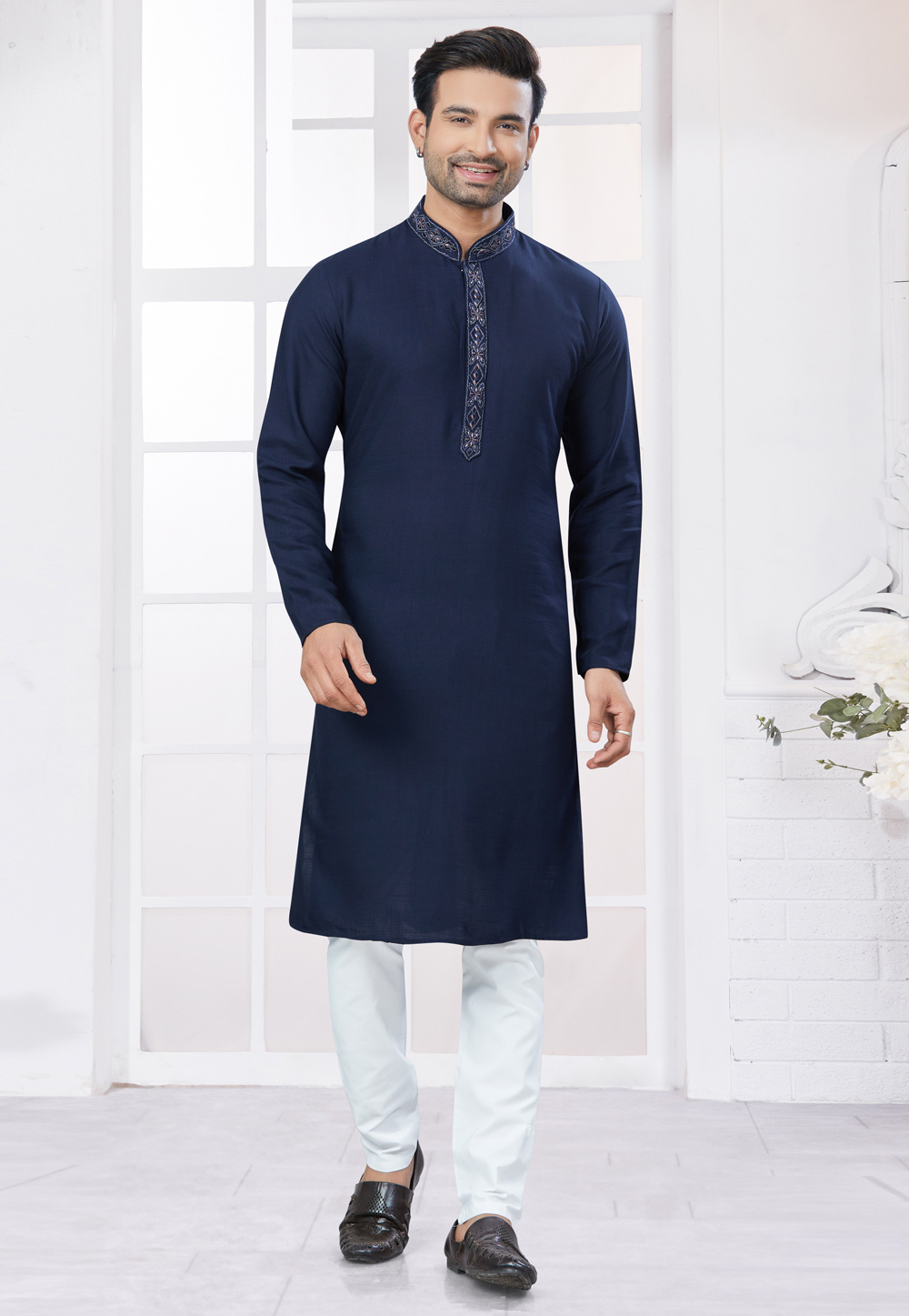 Navy Blue Cotton Kurta Pajama 307364