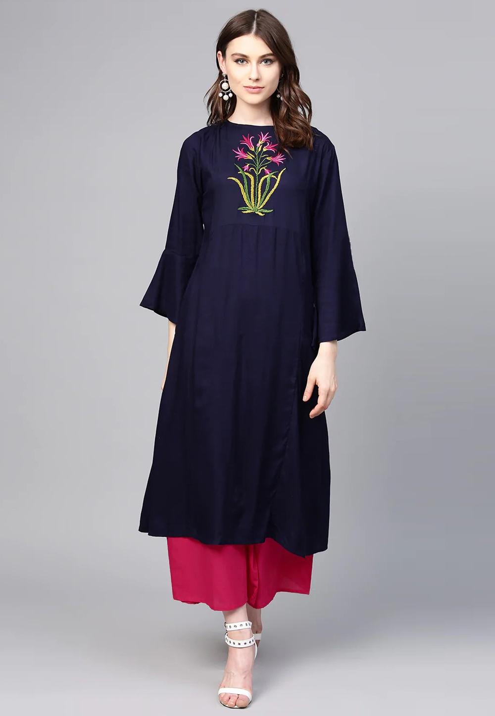 Navy Blue Cotton Kurta Set With Palazzo 281350