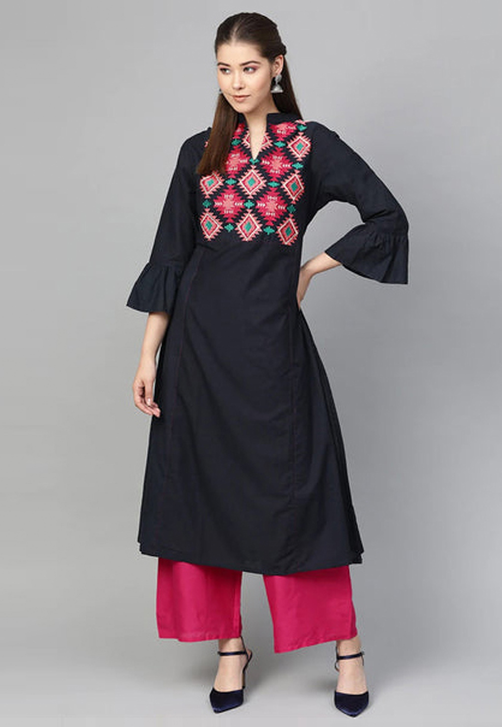 Navy Blue Cotton Kurta Set With Palazzo 281364