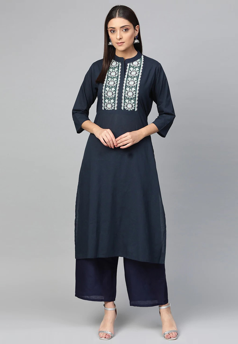 Navy Blue Cotton Kurta Set With Palazzo 281366