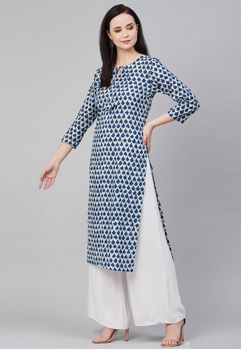 Navy Blue Cotton Kurta Set With Palazzo 281396