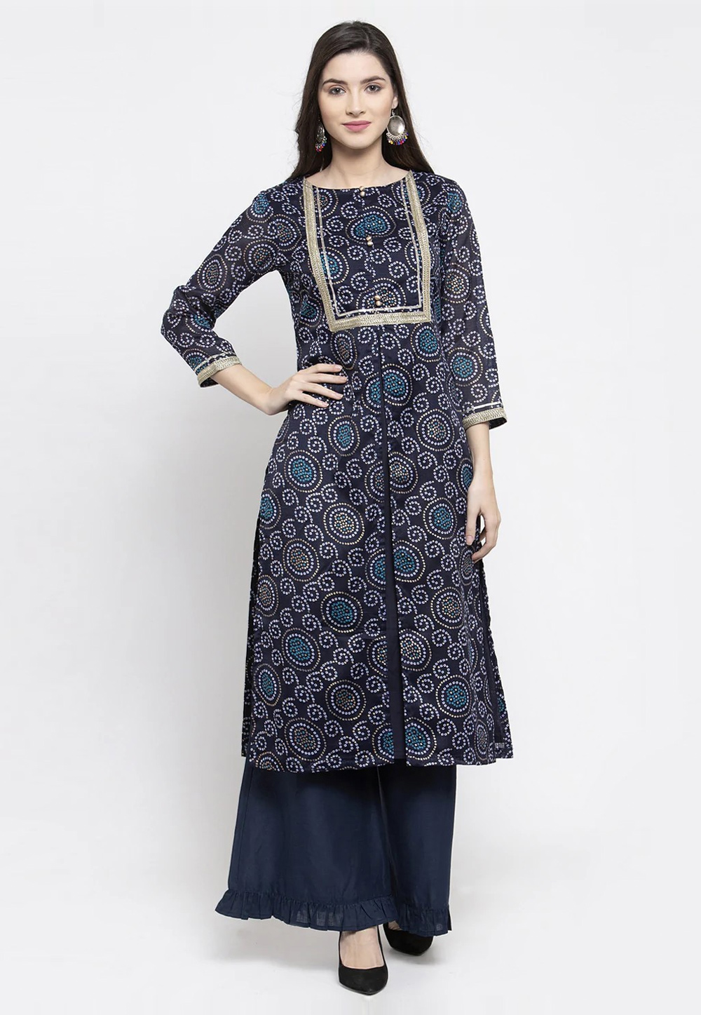 Navy Blue Cotton Kurta Set With Palazzo 281484