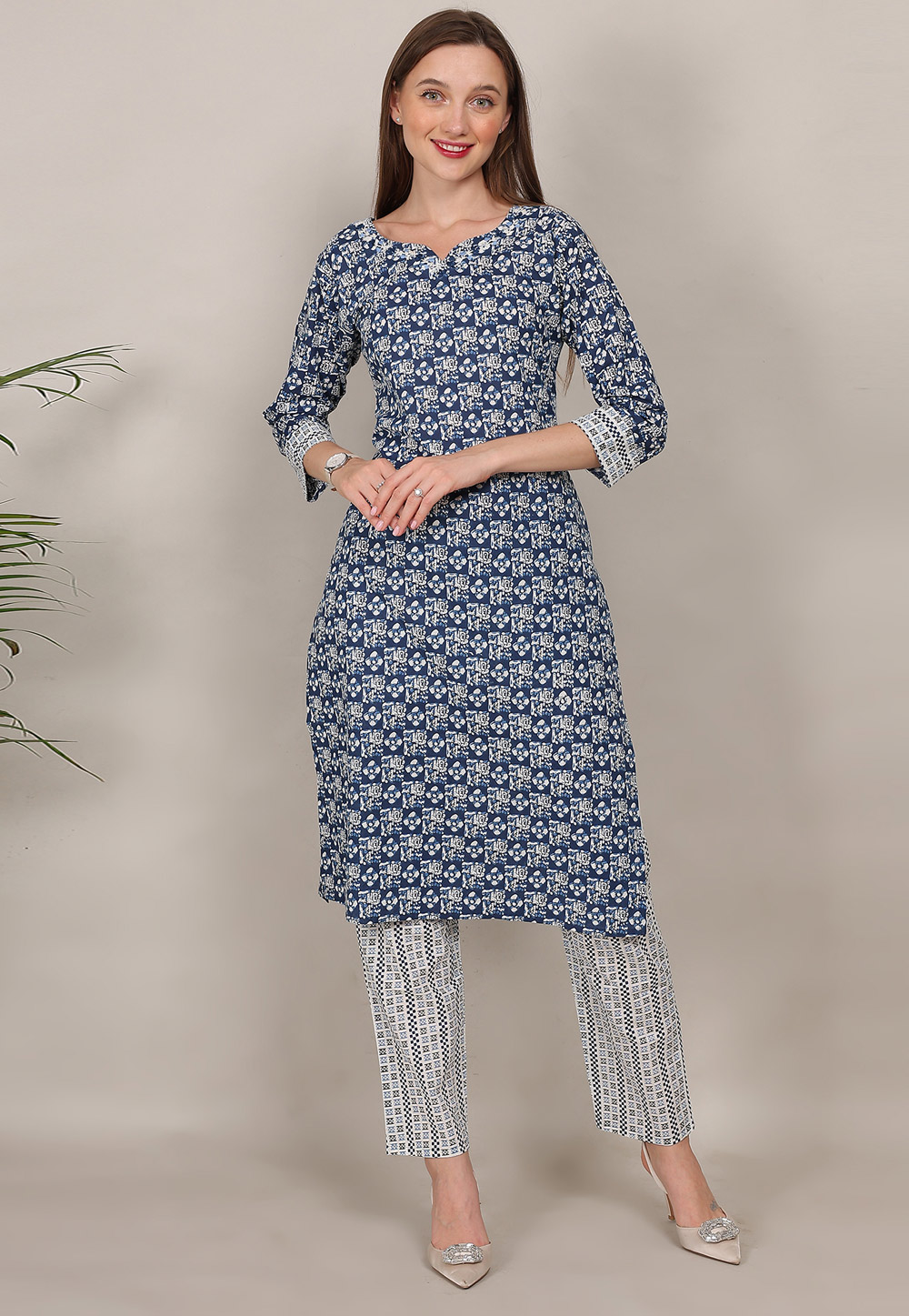 Navy Blue Cotton Kurta Set With Pant 309980