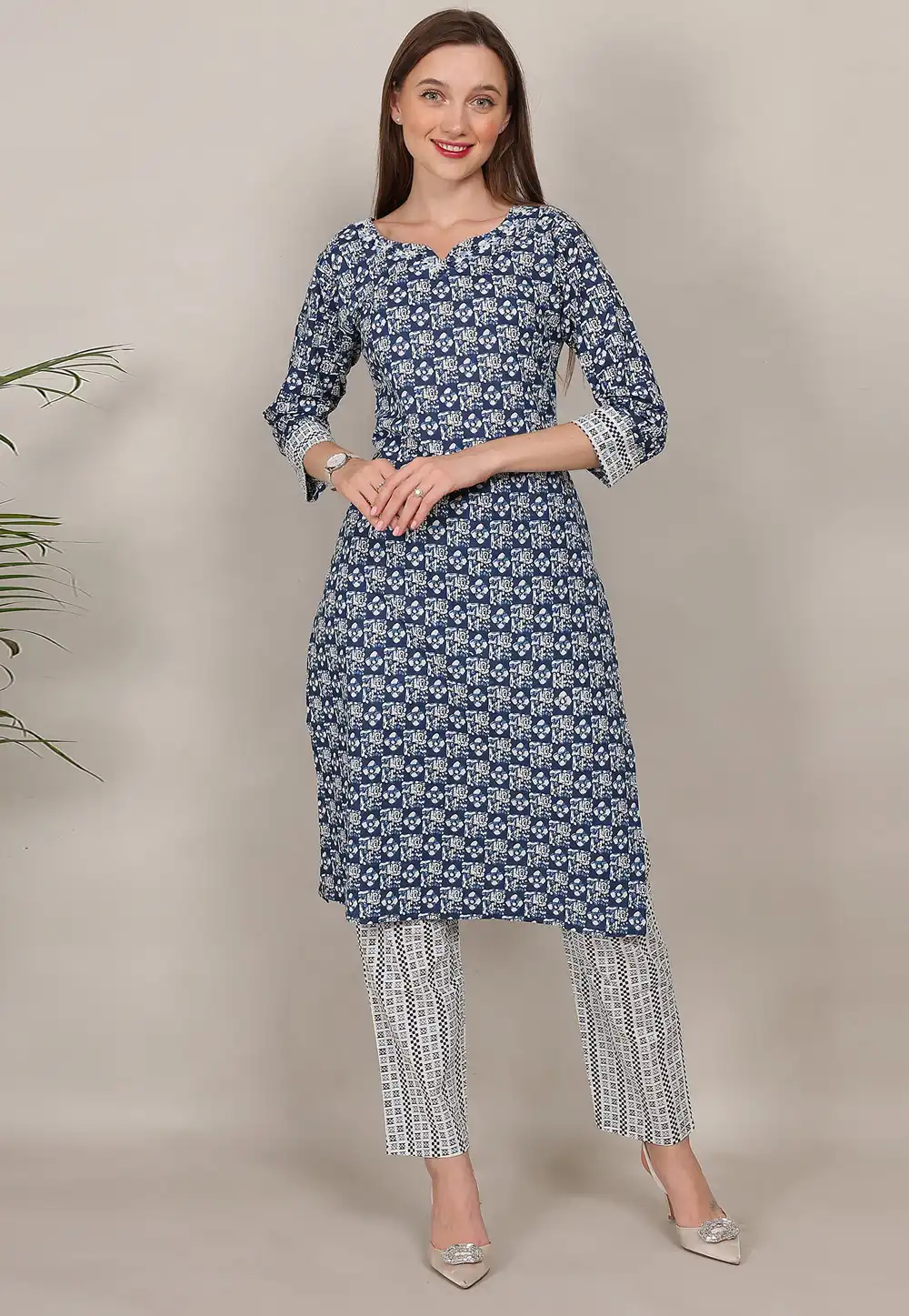 Navy Blue Cotton Kurta Set With Pant 309980