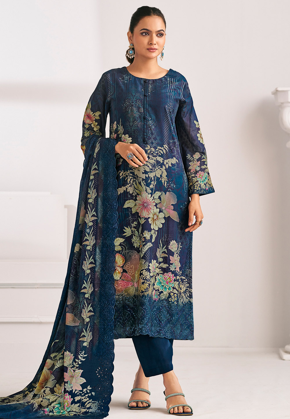 Navy Blue Cotton Pakistani Suit 319919