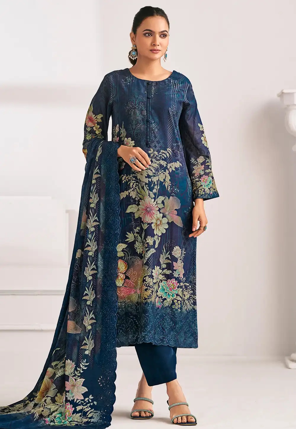 Navy Blue Cotton Pakistani Suit 319919