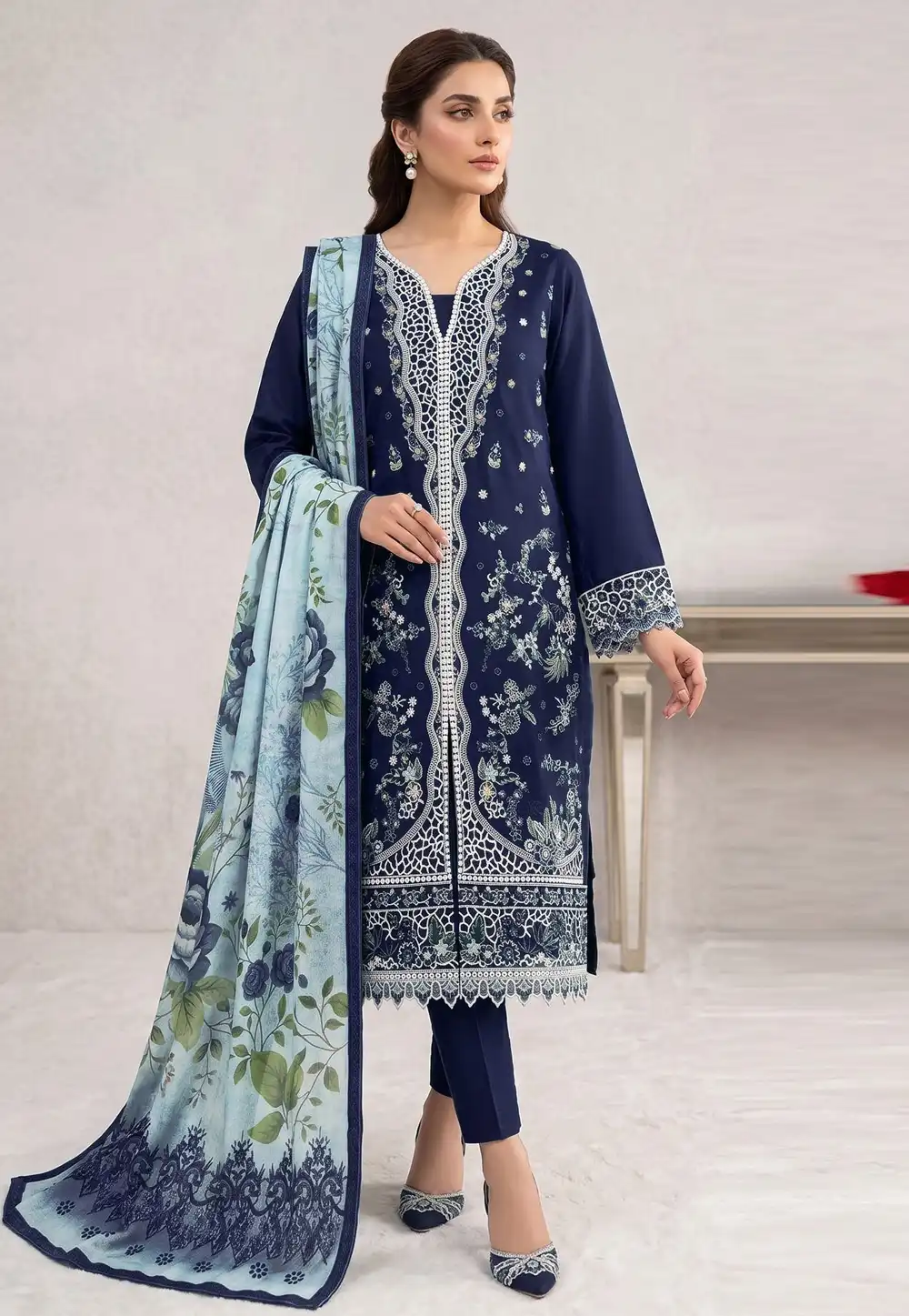 Navy Blue Cotton Pakistani Suit 329671