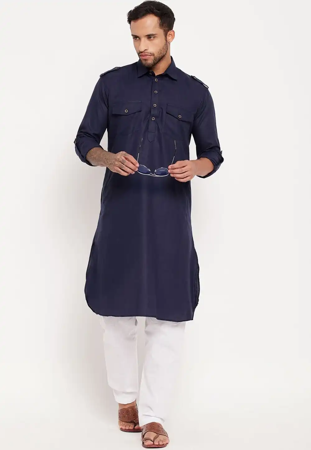 Navy Blue Cotton Pathani Suit 309751