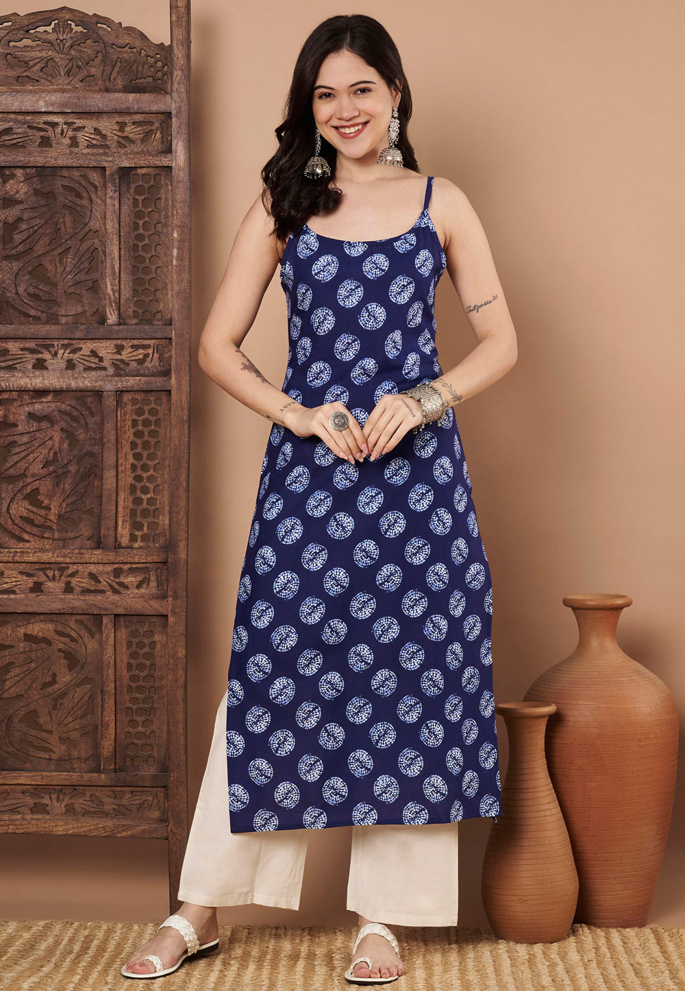 Navy Blue Cotton Printed Long Kurti 323710