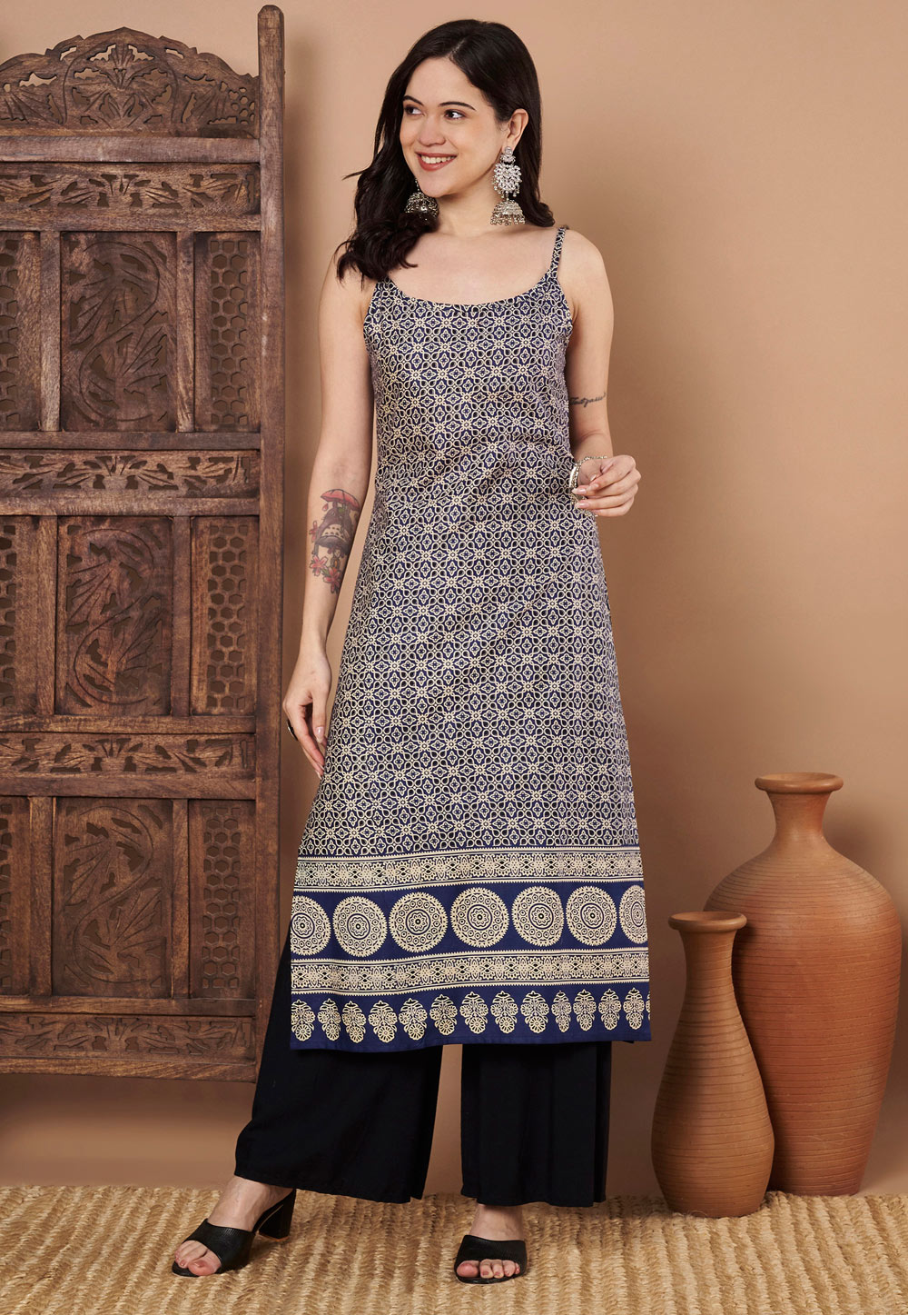 Navy Blue Cotton Printed Long Kurti 323712