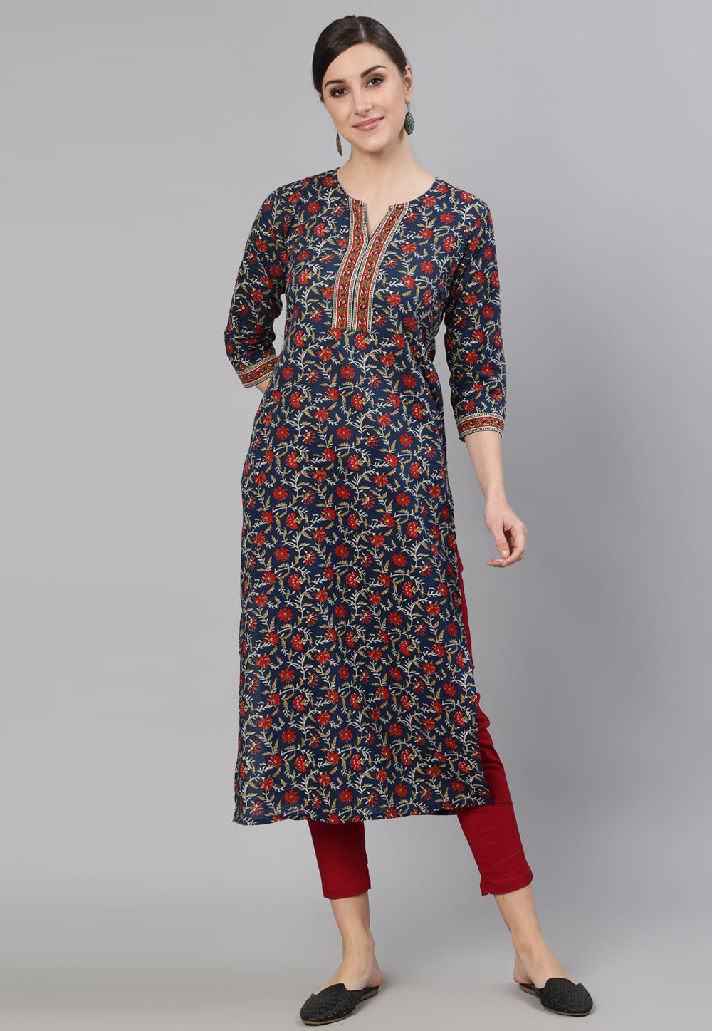 Navy Blue Cotton Printed Long Kurti 282685
