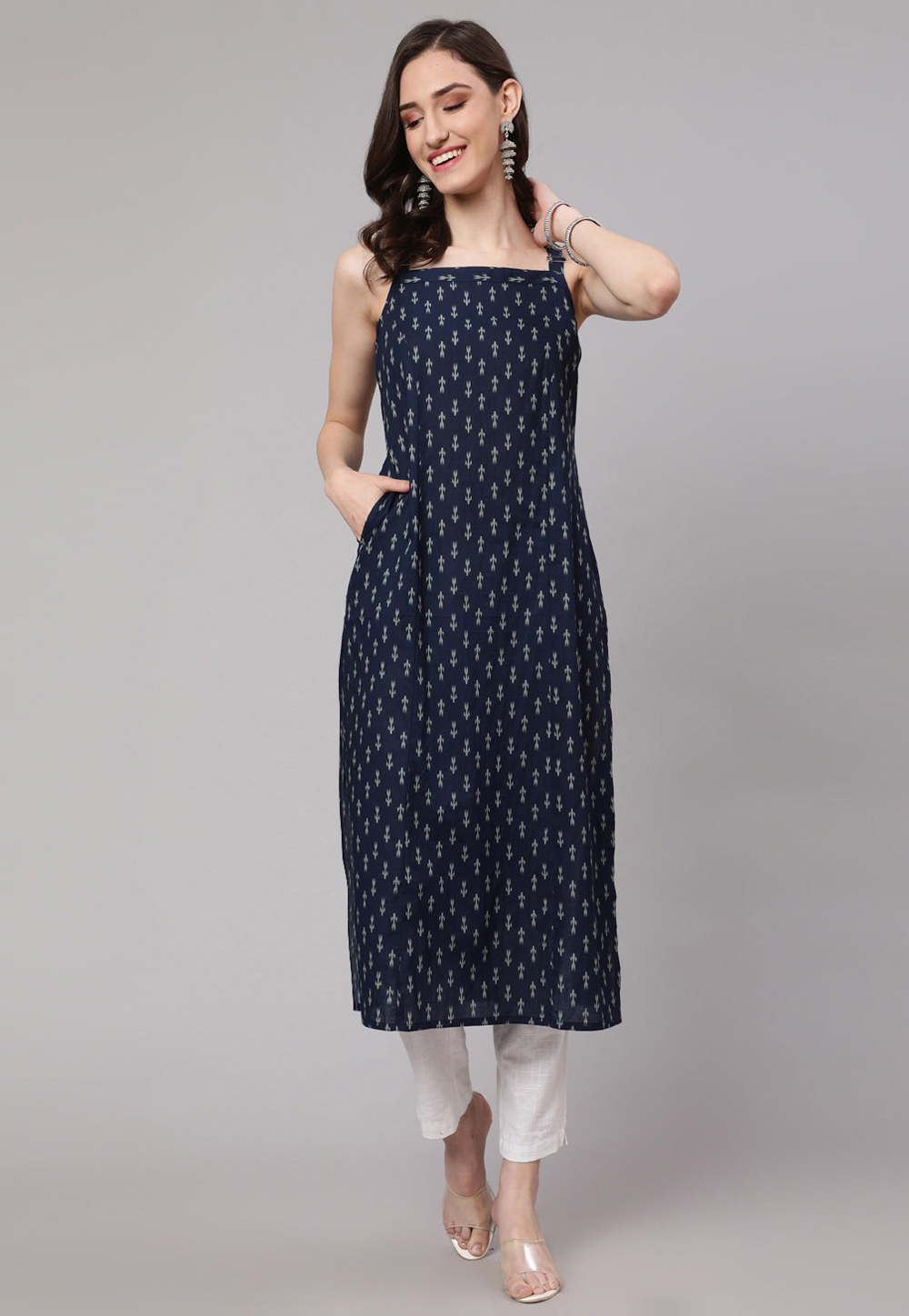 Navy Blue Cotton Printed Long Kurti 282707