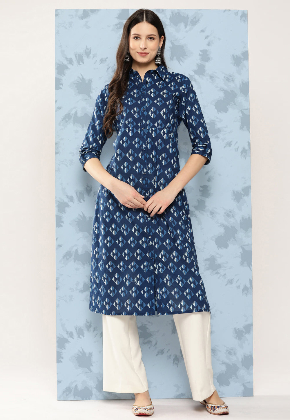 Navy Blue Cotton Printed Long Kurti 282713