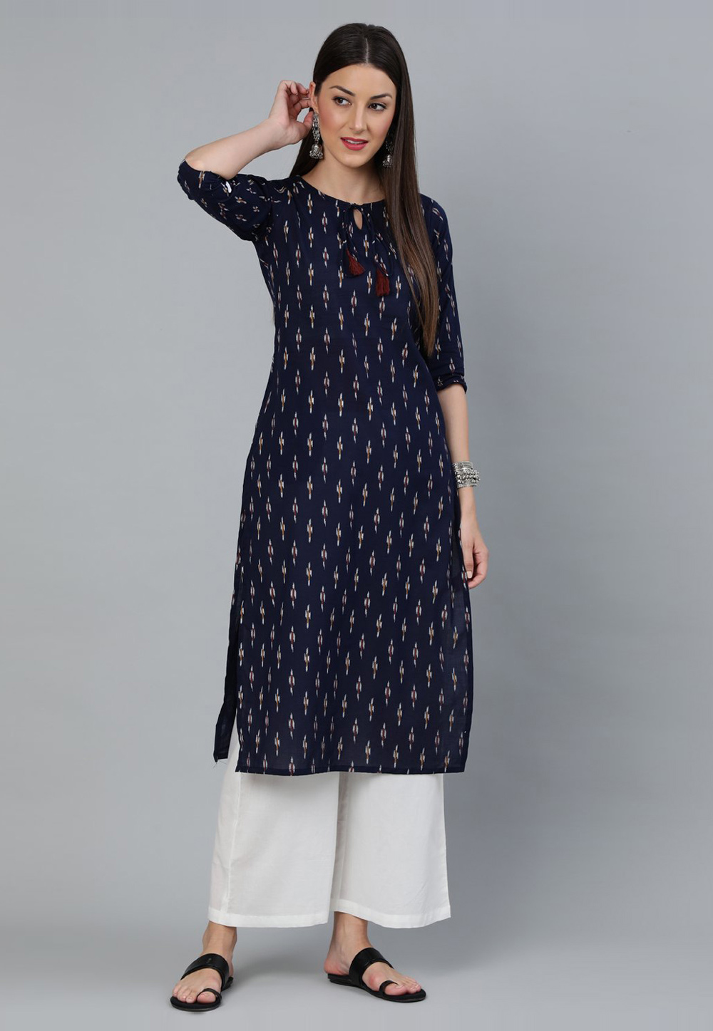 Navy Blue Cotton Printed Long Kurti 282759