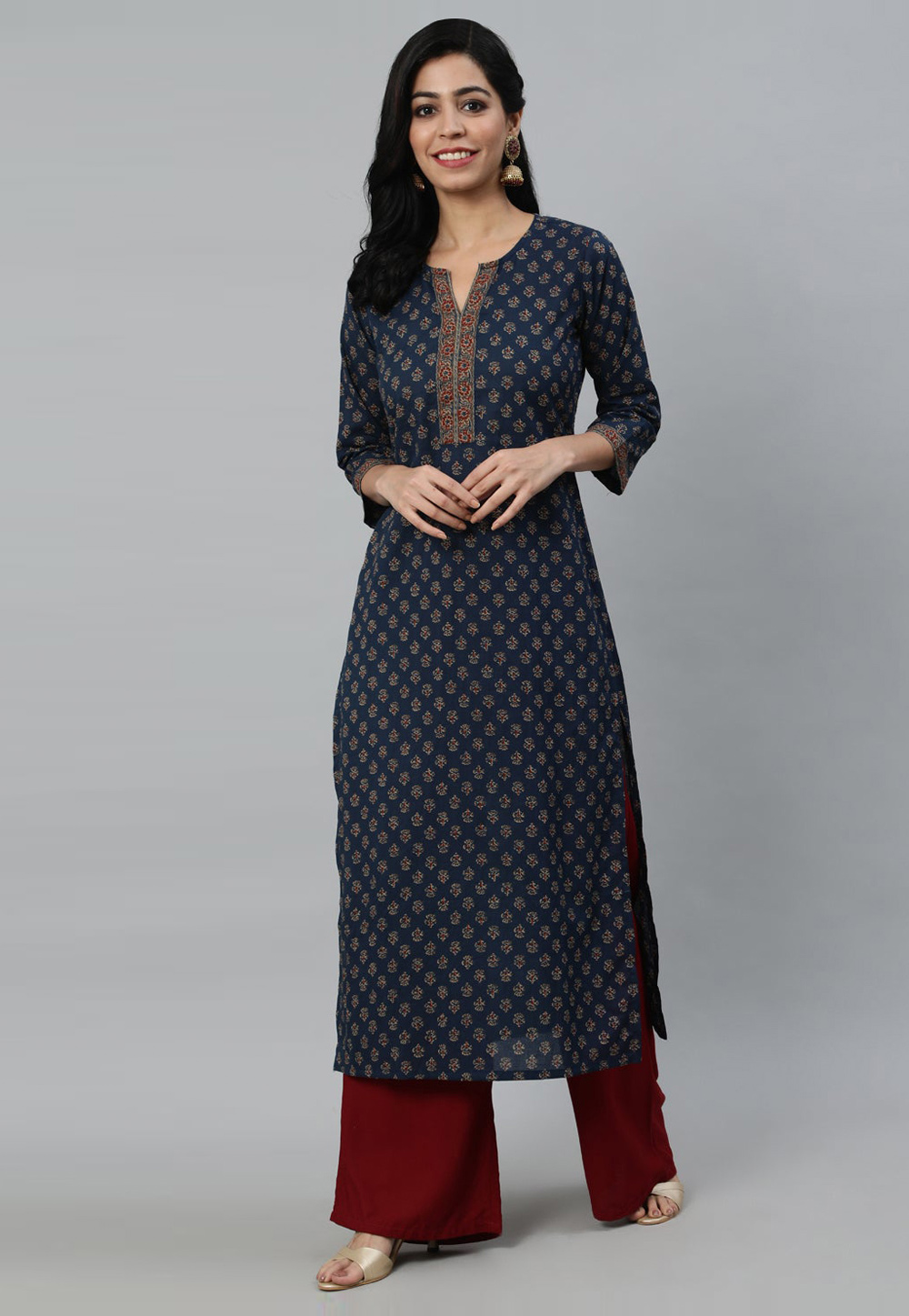 Navy Blue Cotton Printed Long Tunic 282680