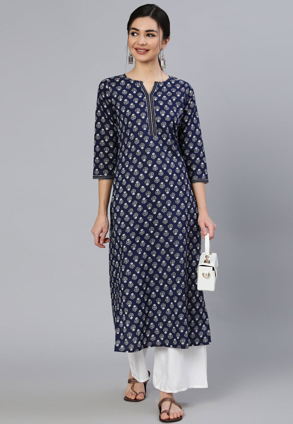 Navy Blue Cotton Printed Long Tunic 282696