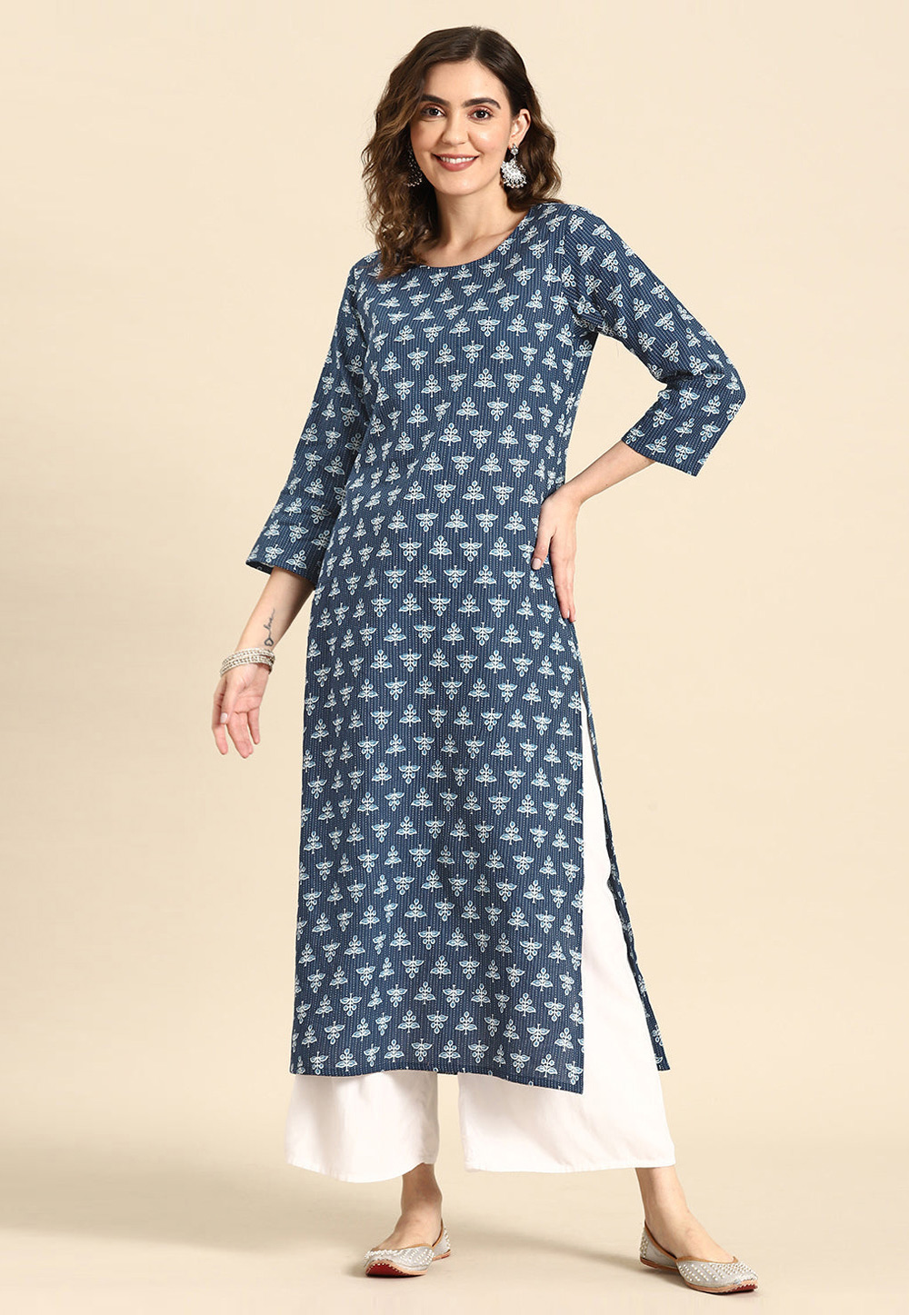 Navy Blue Cotton Printed Long Tunic 282746