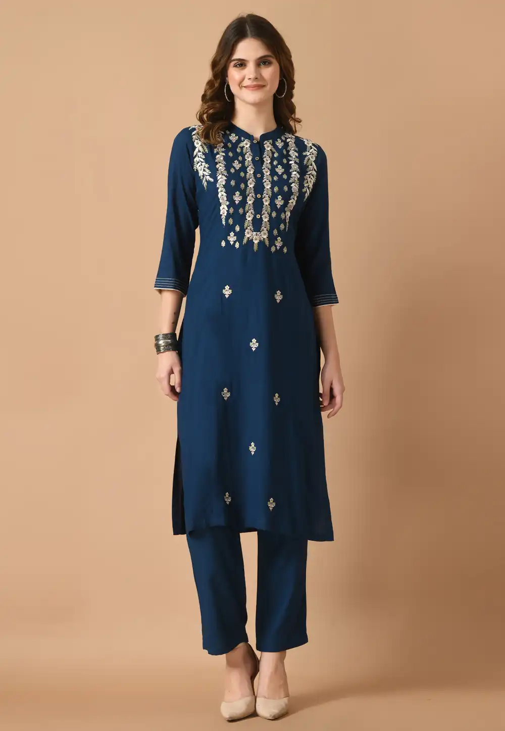 Navy Blue Cotton Rayon Kurta Set With Pant 305472
