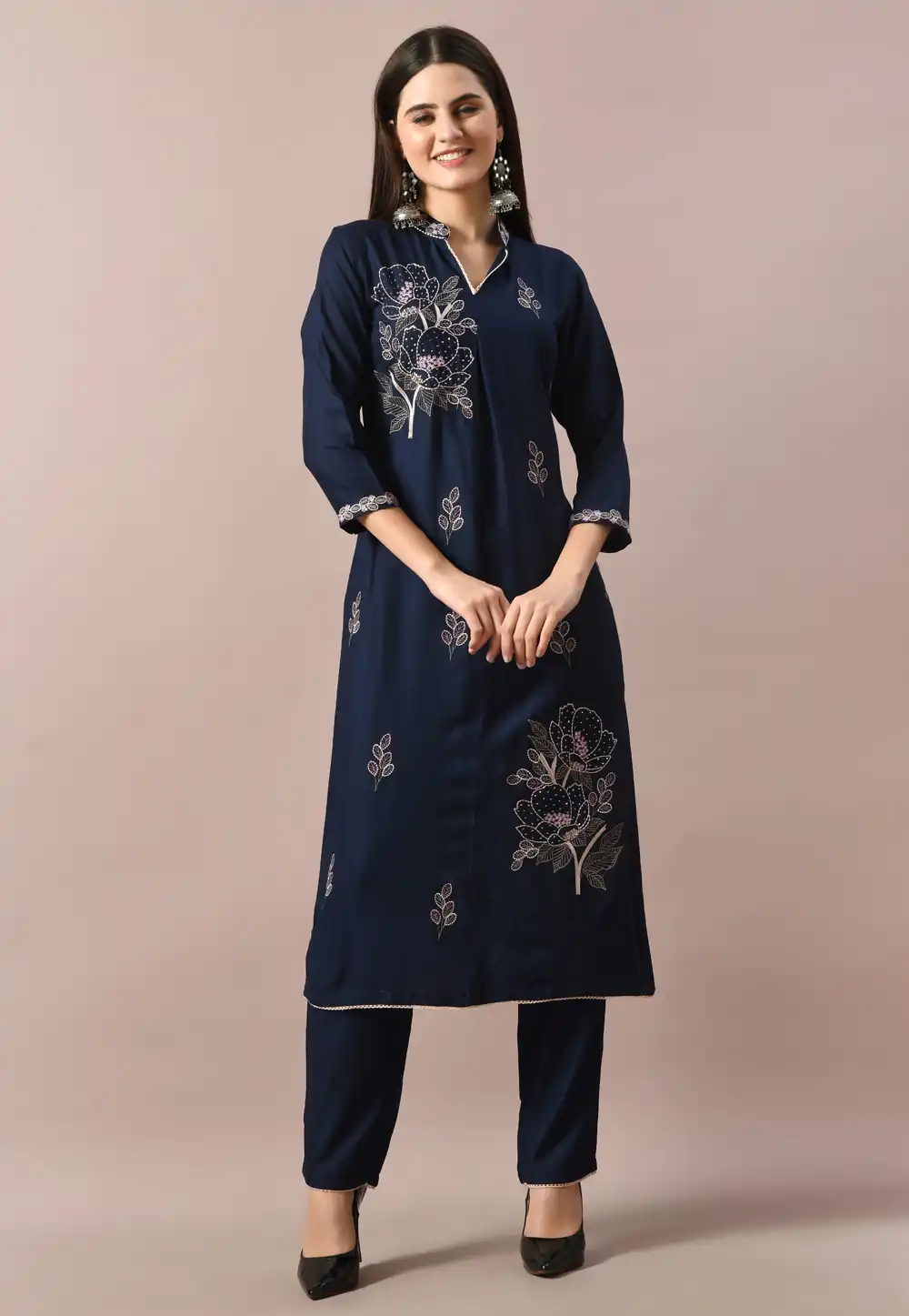 Navy Blue Cotton Rayon Kurta Set With Pant 305493