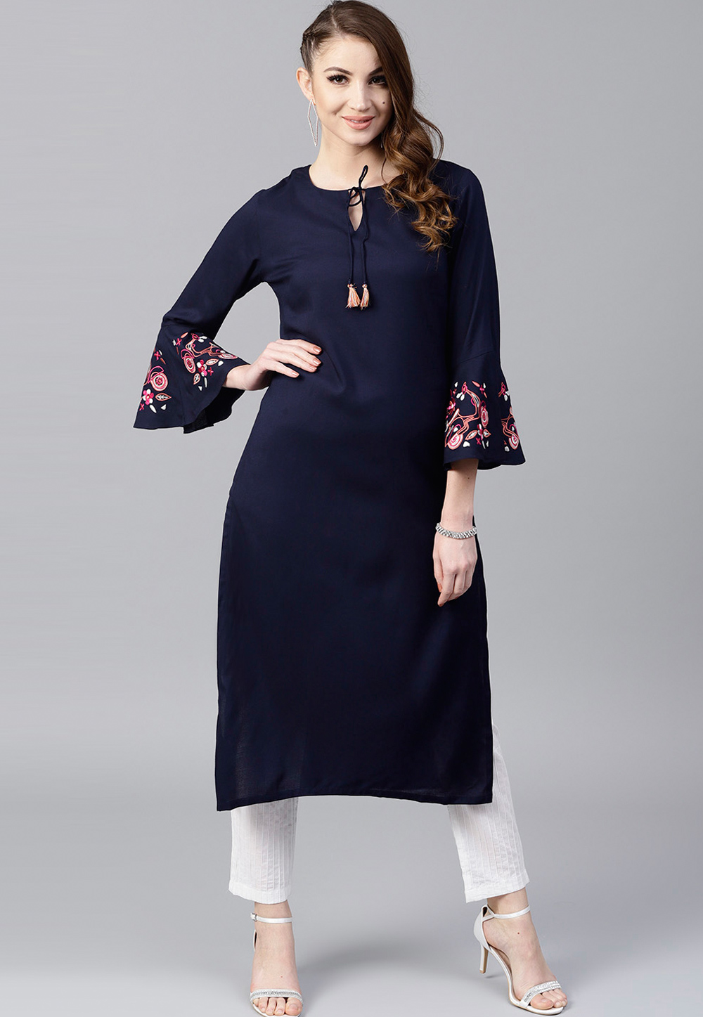 Navy Blue Cotton Rayon Kurta Set With Pent 284897