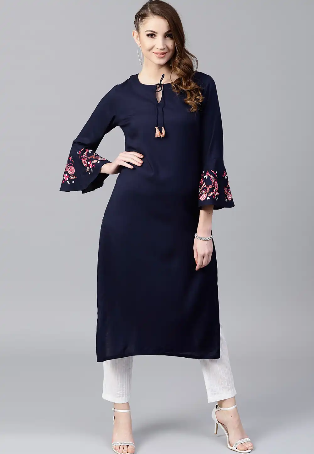 Navy Blue Cotton Rayon Kurta Set With Pant 284897