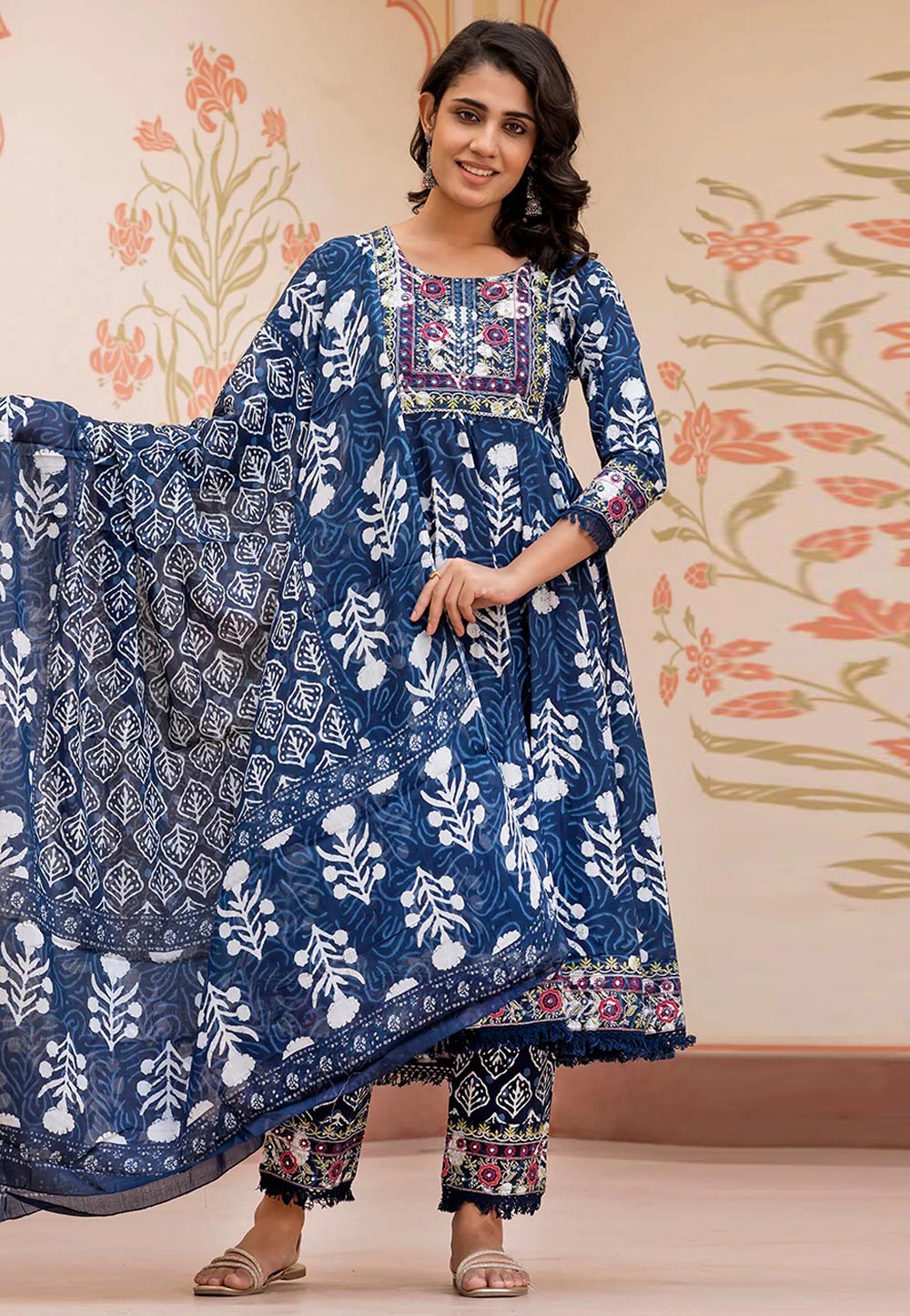 Navy Blue Cotton Readymade Anarkali Suit 308070