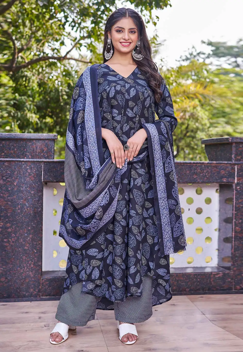 Navy Blue Cotton Readymade Anarkali Suit 330849