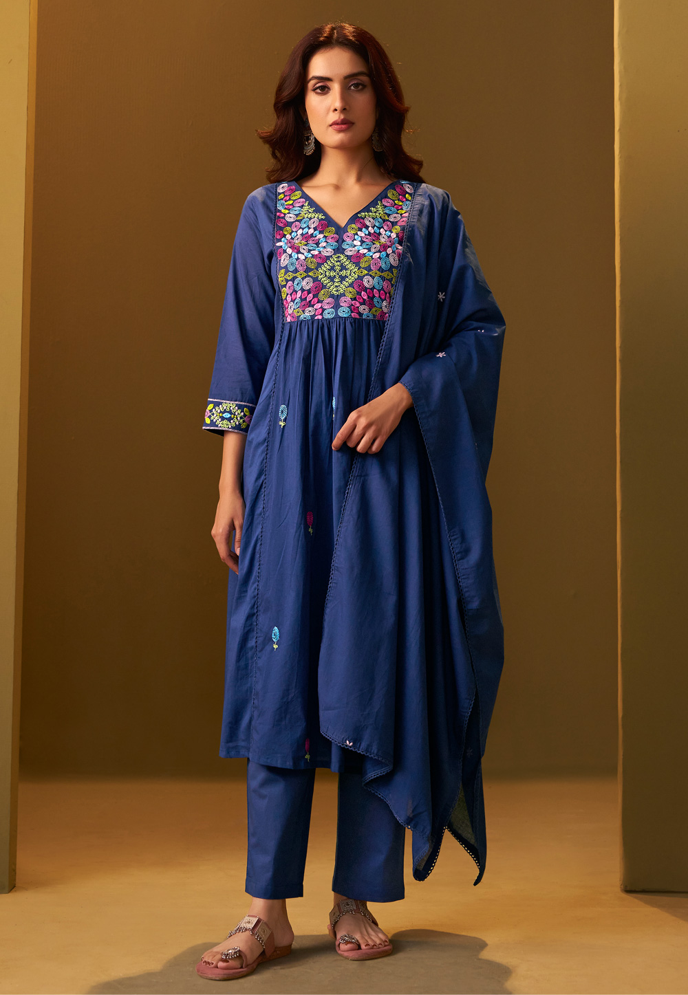 Navy Blue Cotton Readymade Anarkali Suit 321861