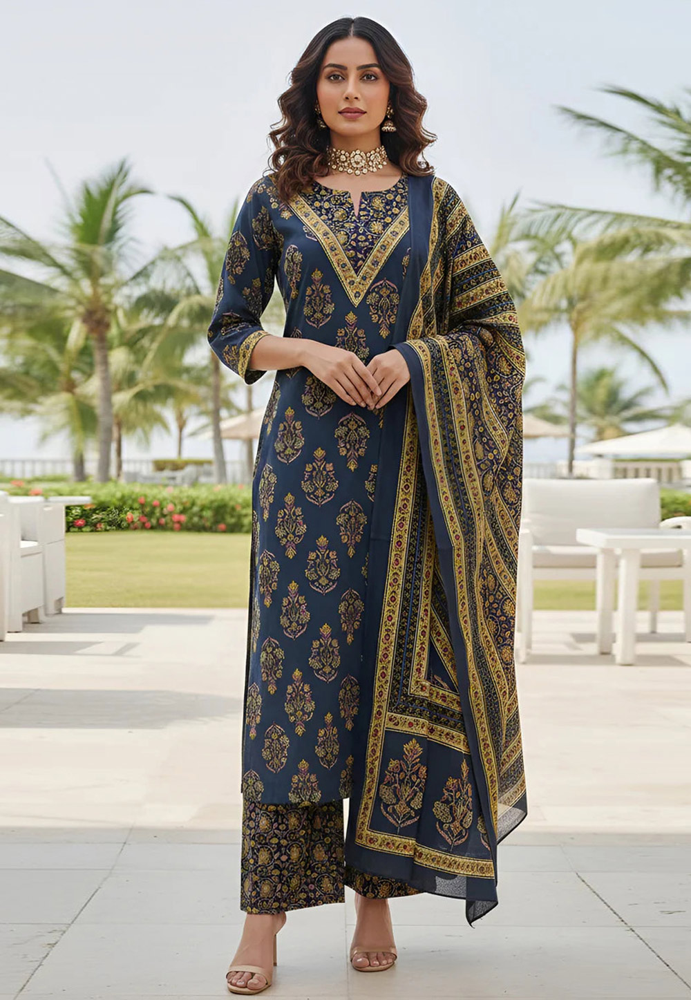 Navy Blue Cotton Readymade Pakistani Suit 326791