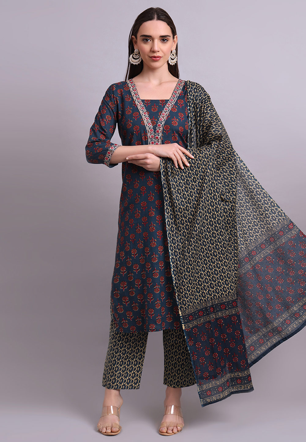 Navy Blue Cotton Readymade Pakistani Suit 309659