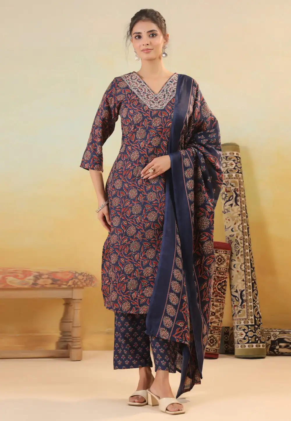 Navy Blue Cotton Readymade Pakistani Suit 323777