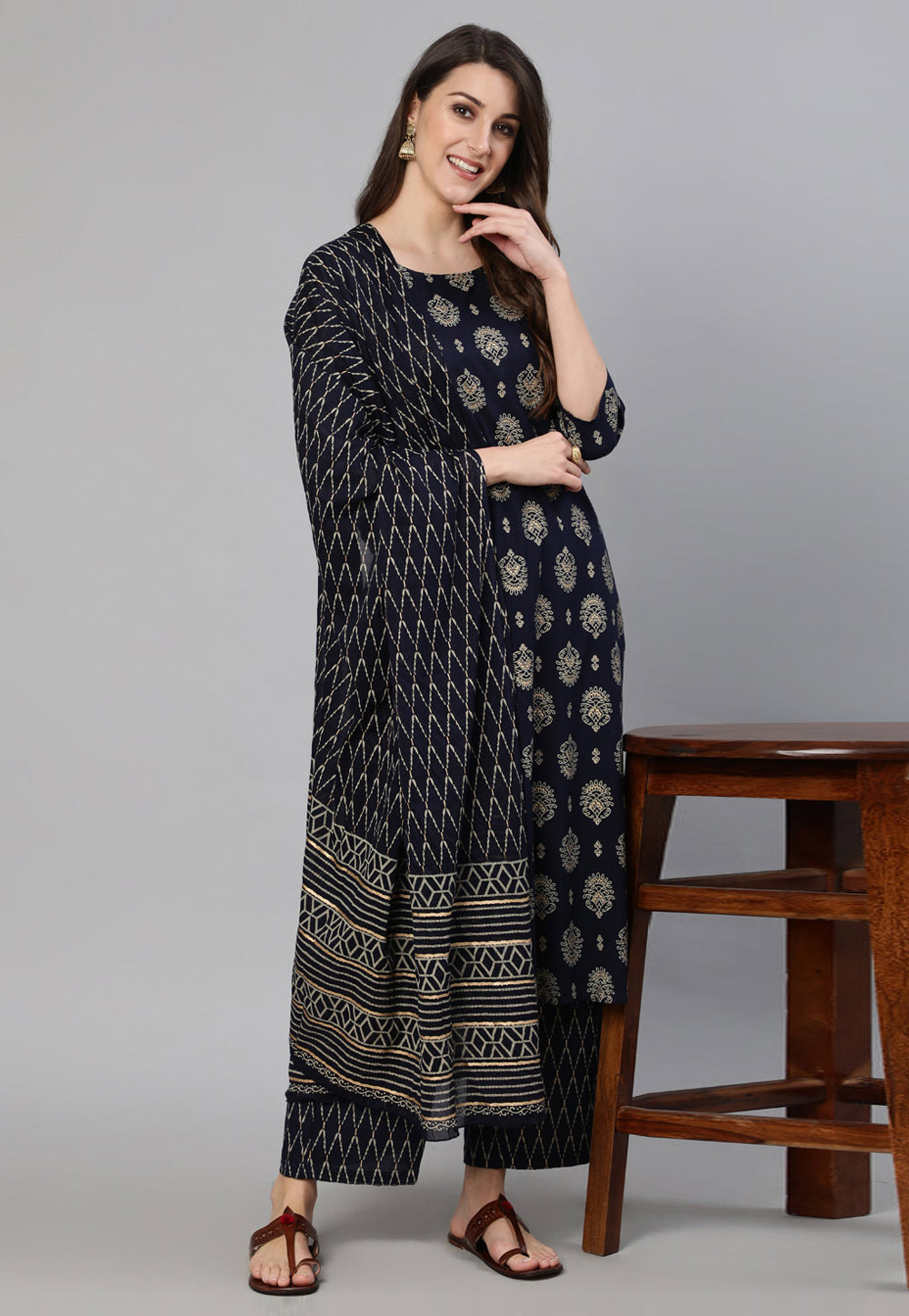 Navy Blue Cotton Readymade Pakistani Suit 282109