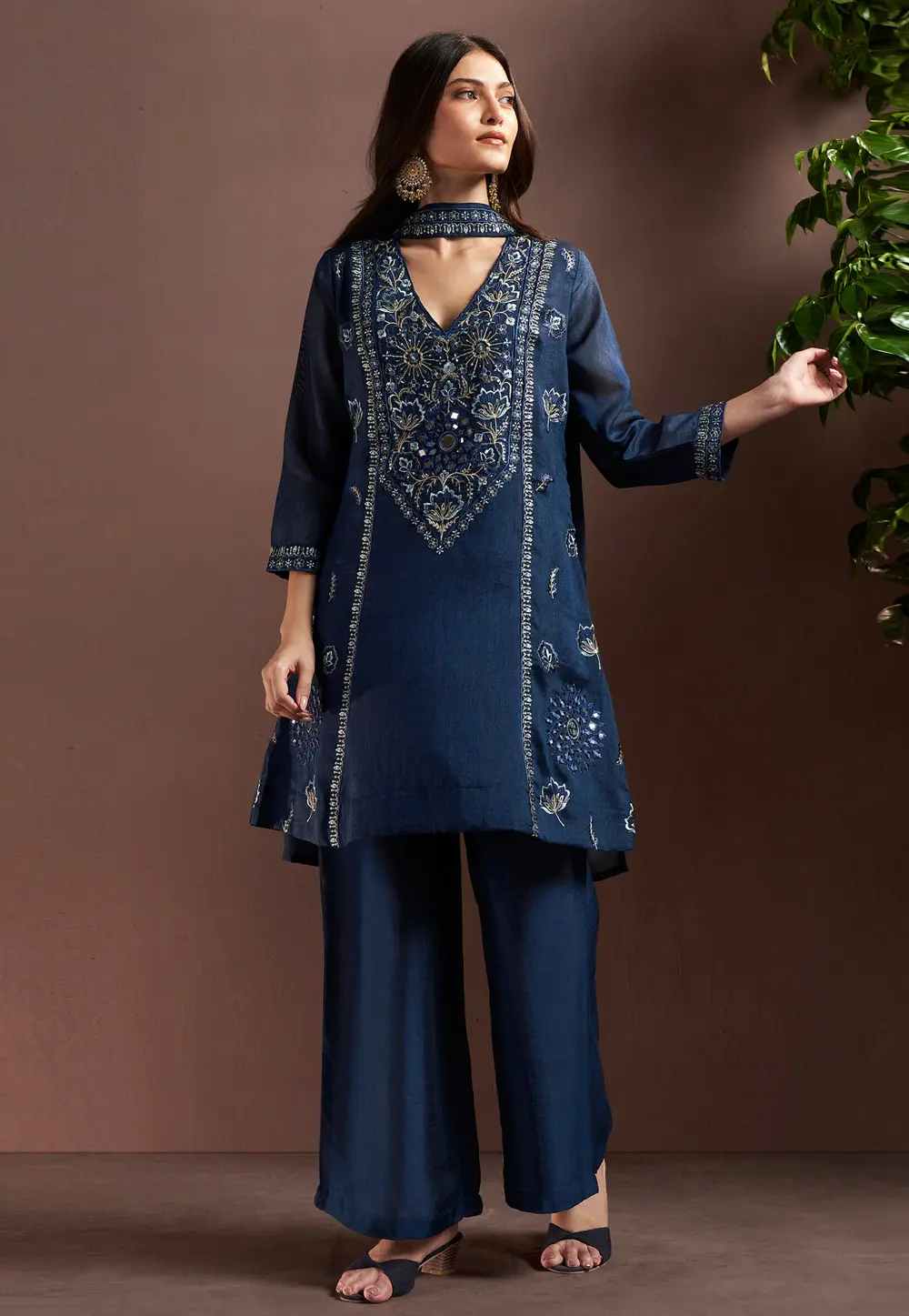Navy Blue Cotton Readymade Palazzo Suit 331489