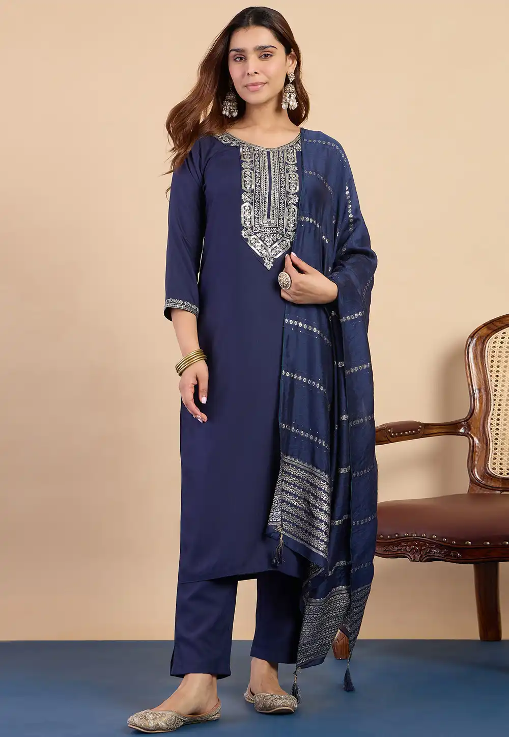 Navy Blue Cotton Readymade Pant Style Suit 328302