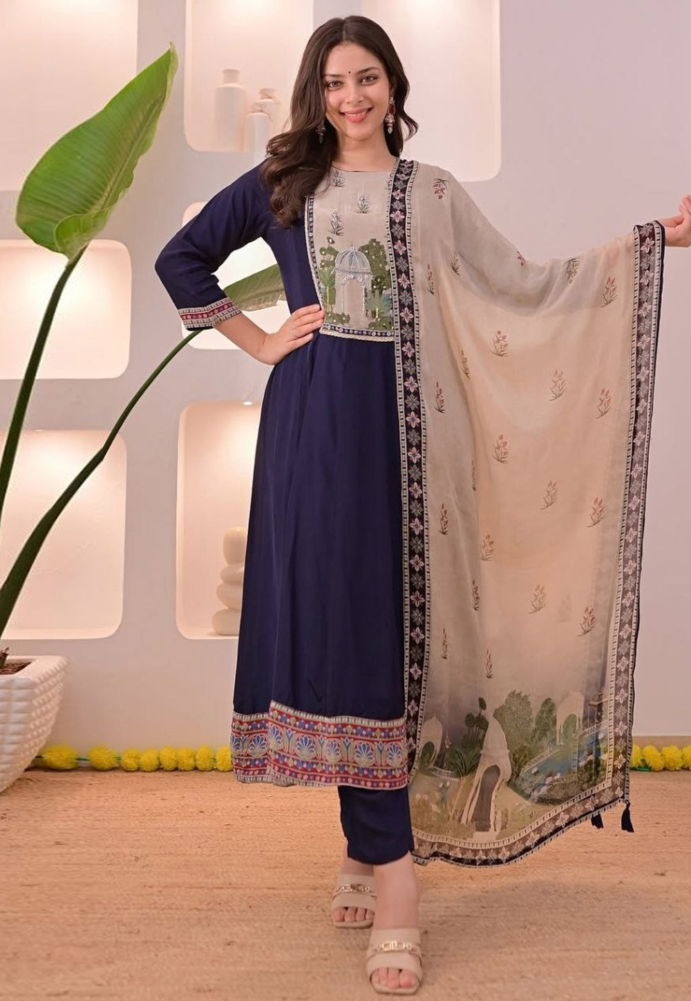 Navy Blue Cotton Readymade Pant Style Suit 327331