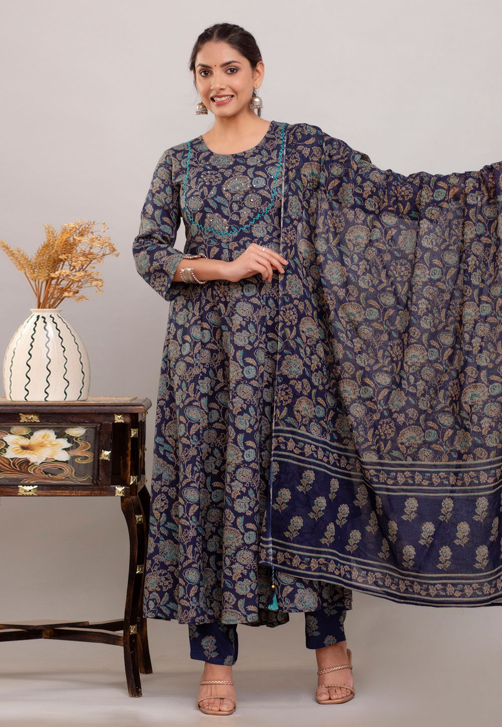Navy Blue Cotton Readymade Pant Style Suit 280244