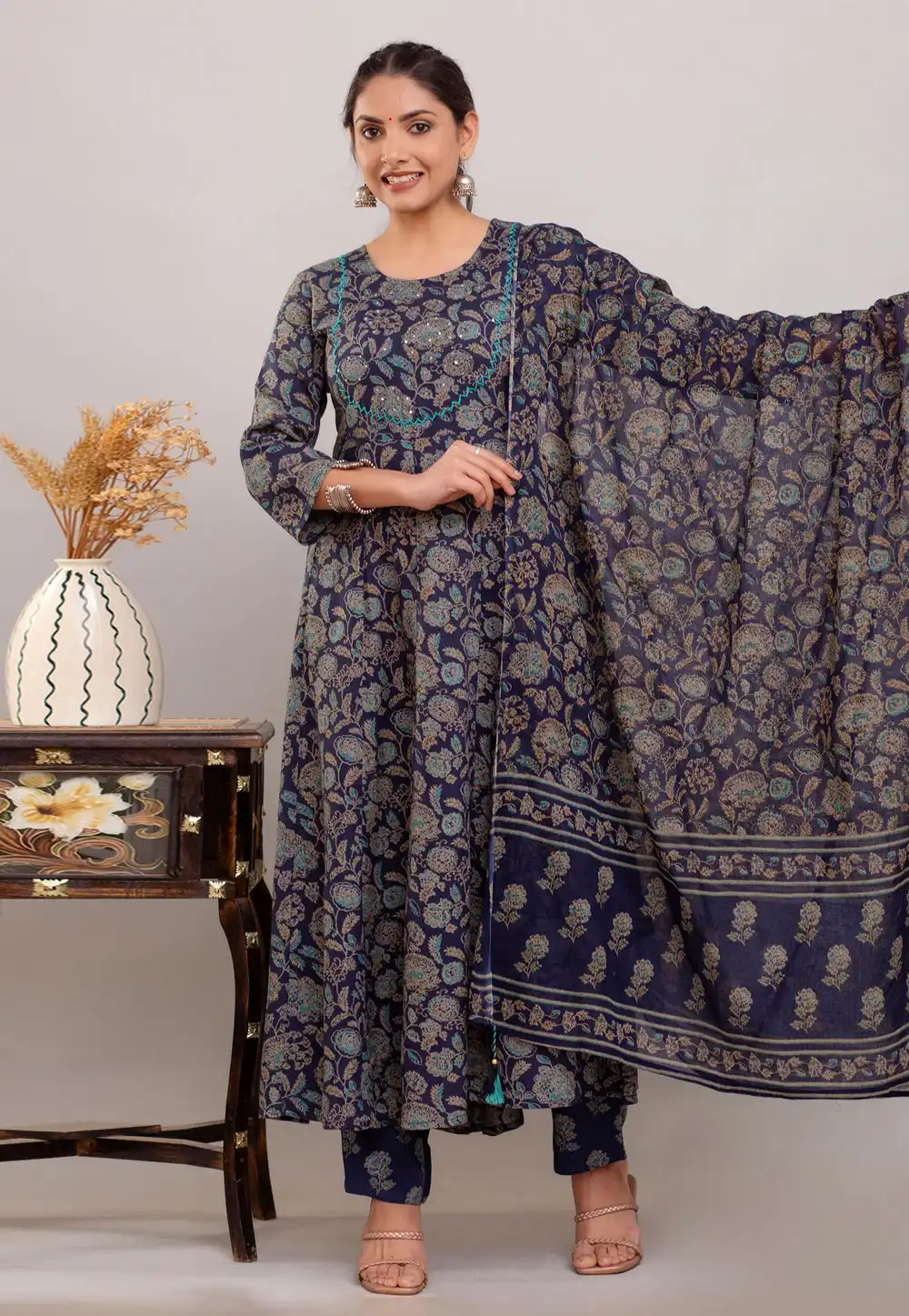 Navy Blue Cotton Readymade Pant Style Suit 280244
