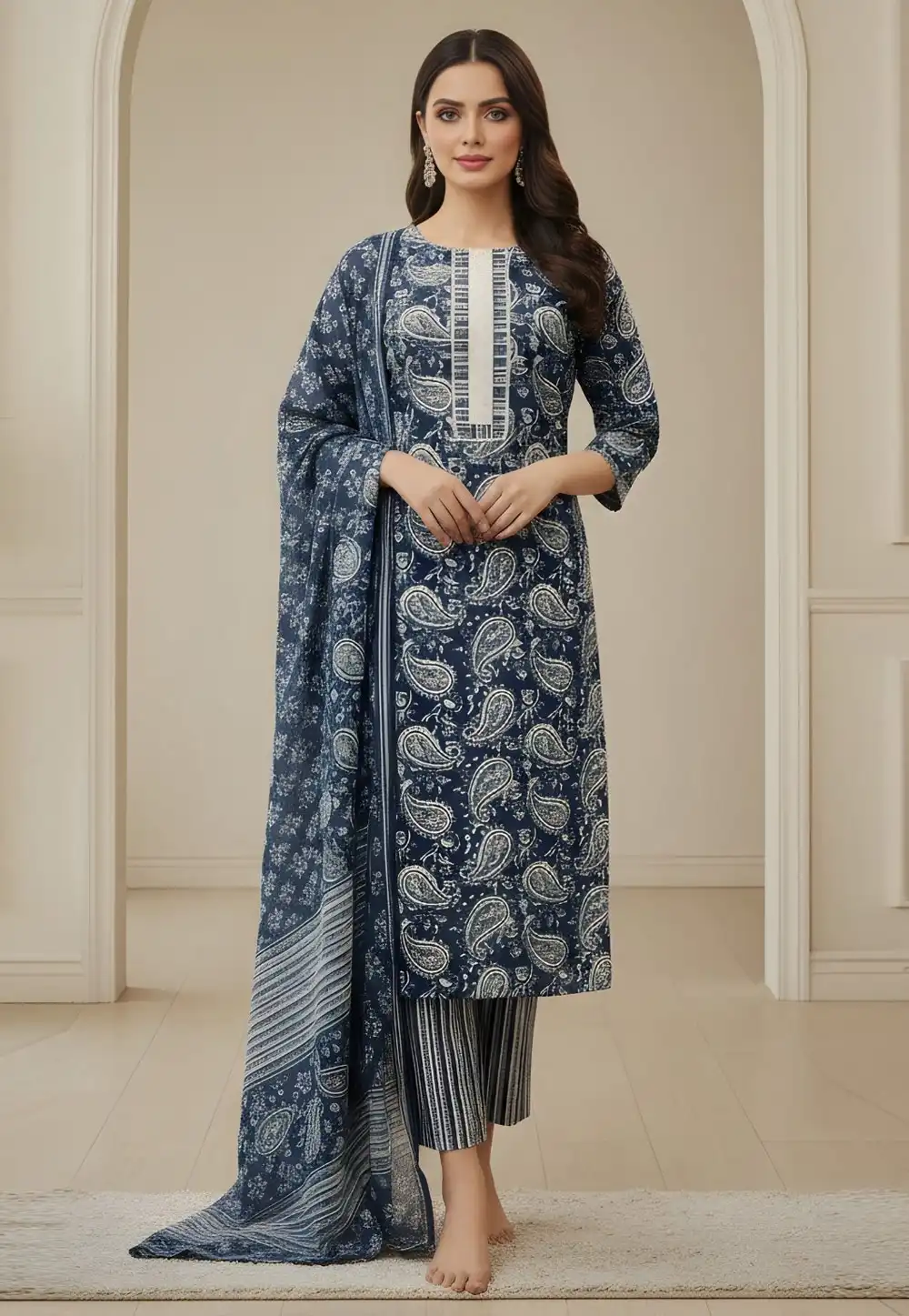 Navy Blue Cotton Readymade Pant Style Suit 323774