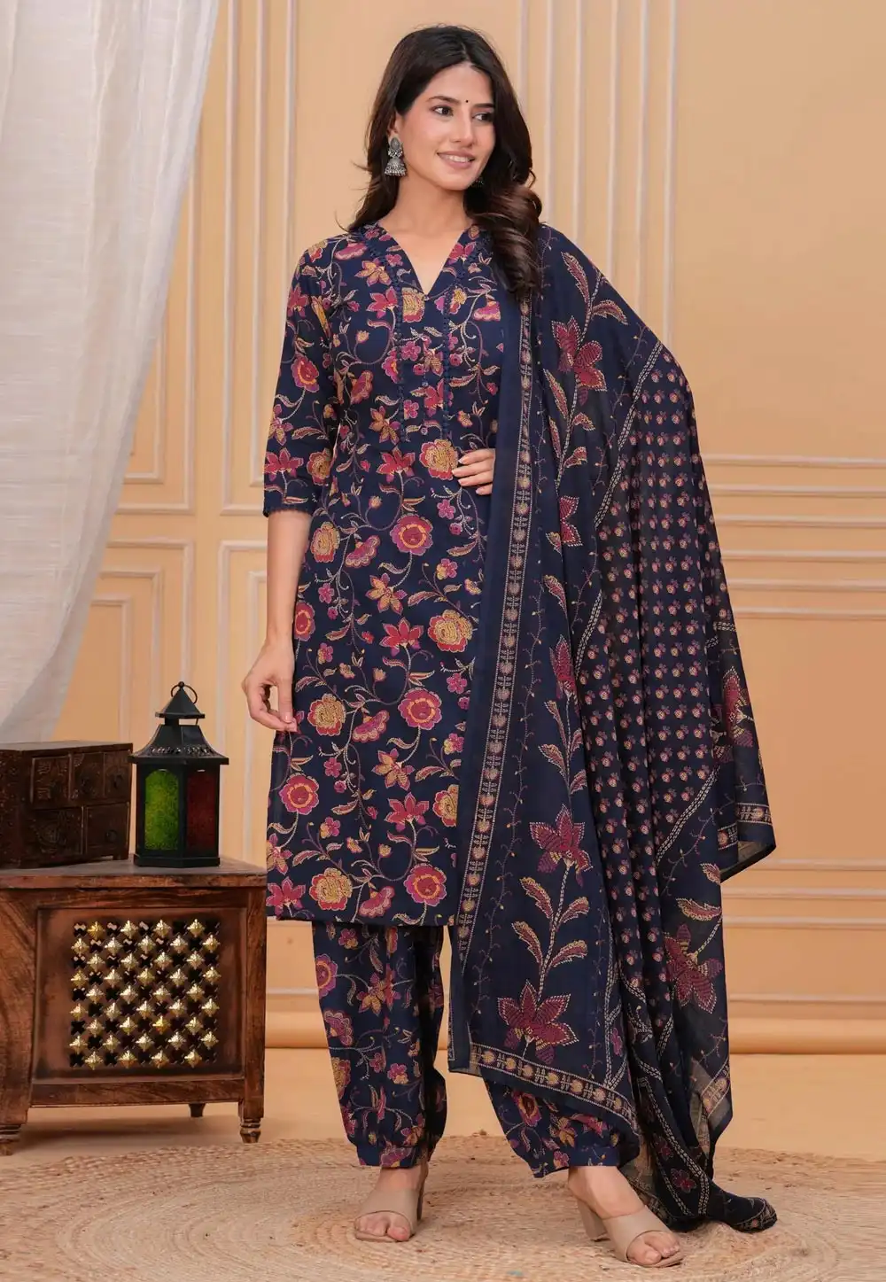 Navy Blue Cotton Readymade Patiala Suit 314839