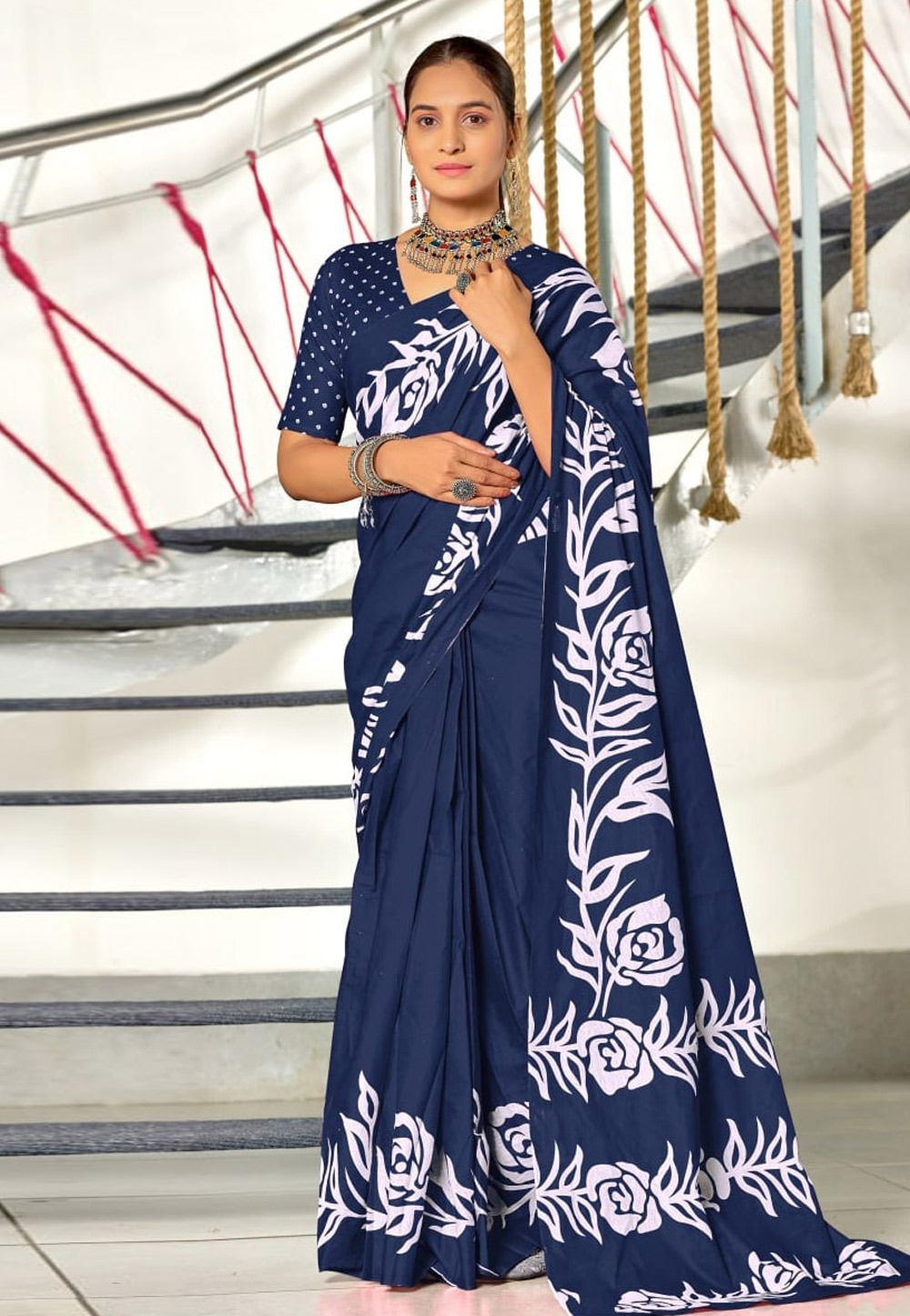 Navy Blue Cotton Saree With Blouse 311813