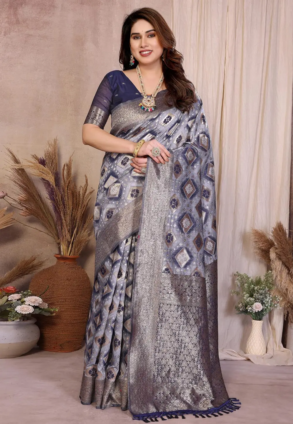 Navy Blue Cotton Saree With Blouse 331007
