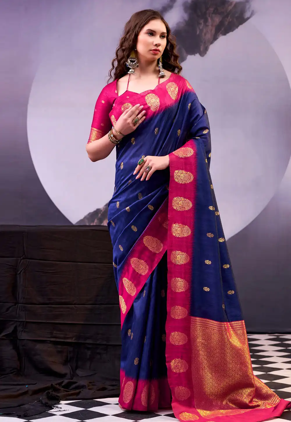 Navy Blue Cotton Saree With Blouse 328836