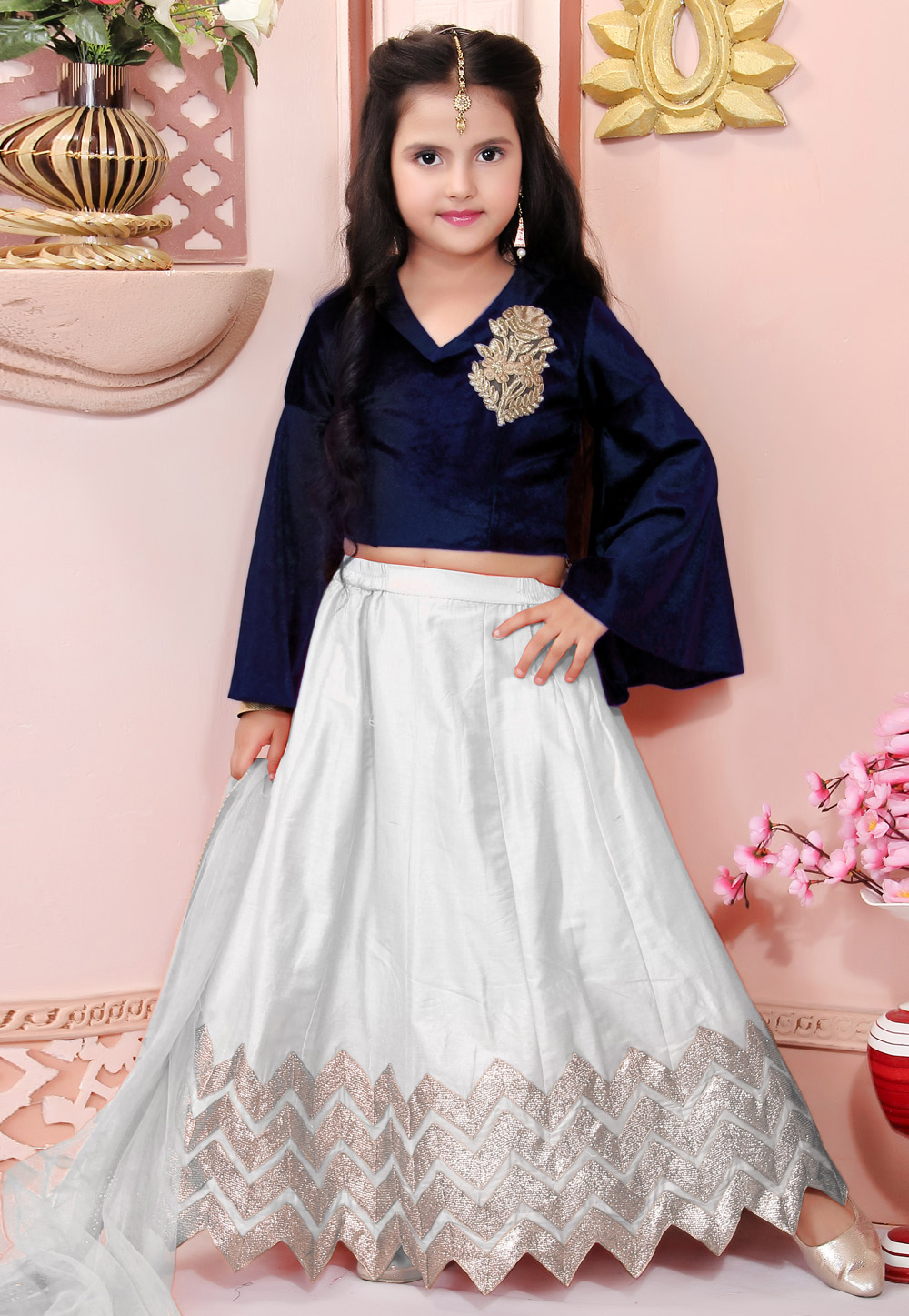 Navy Blue Cotton Silk Kids Lehenga Choli 312262
